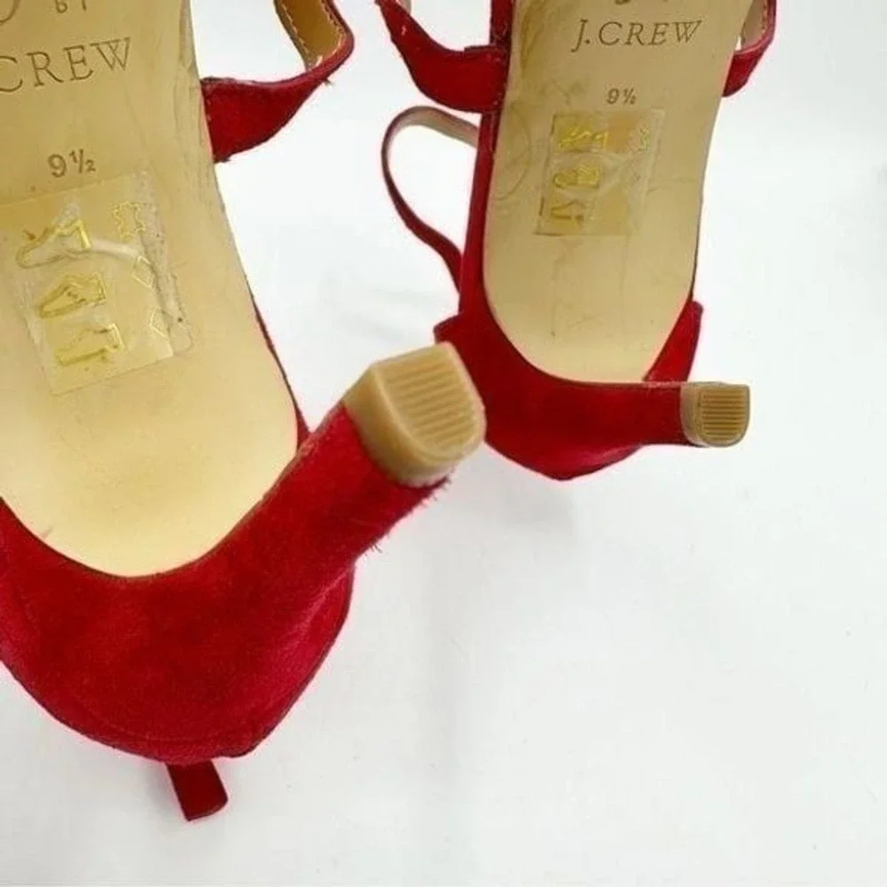 J Crew Red Suede Three-strap Scalloped Stiletto‎ Heeled Sandals Sz 9.5M